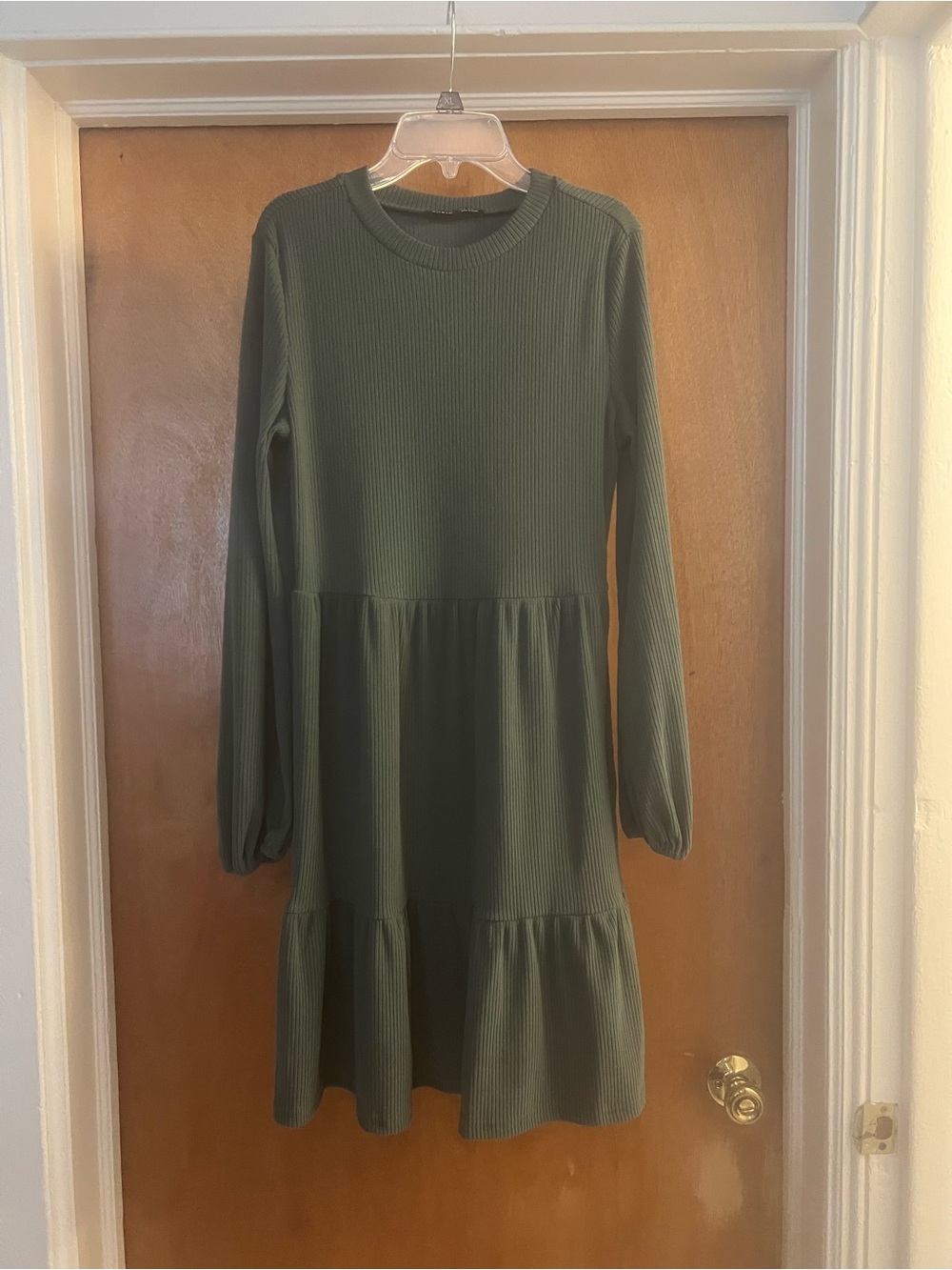 SHEIN Women’s Olive Ribbed Crewneck Long Sleeve Tiered Swing Dress
